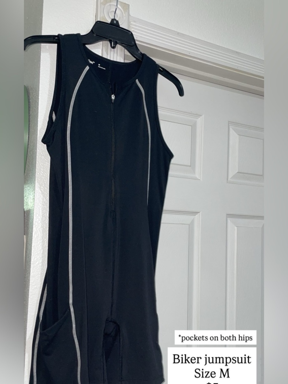 Black Sleeveless Biker Jumpsuit with Contrast Piping
